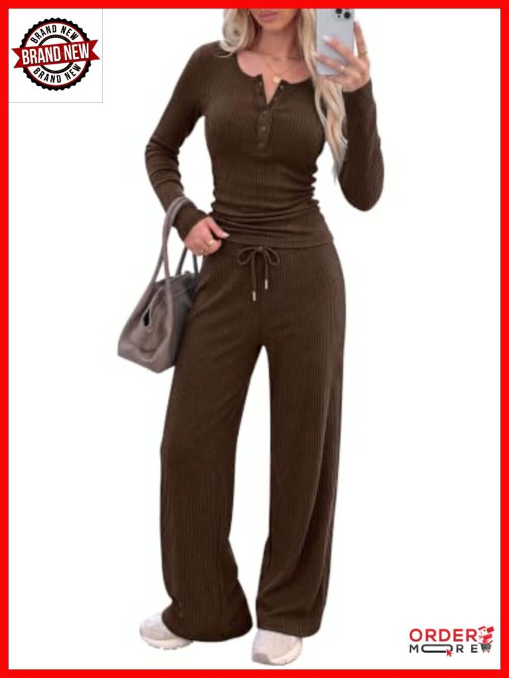 Ribbed Knit Two Piece Lounge Set Long Sleeve Henley Wide Leg Pants
